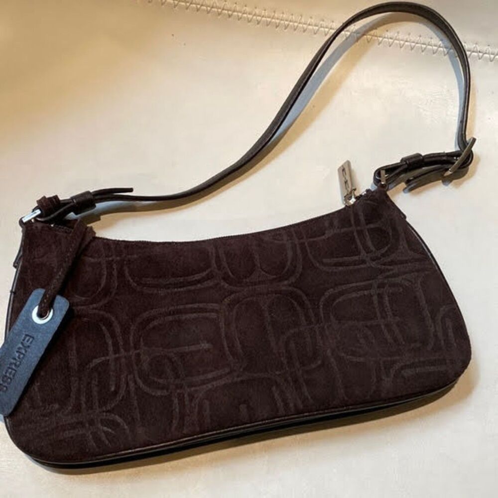 Vintage Express Dark Brown Suede Monogram Shoulder Bag NWOT Y2K Baguette Purse